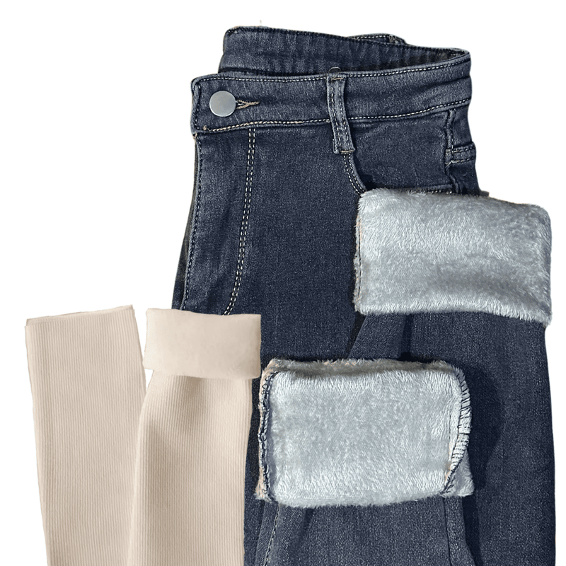 Calça Jeans Feminina com Elastano Peluciada  + Meia Térmica